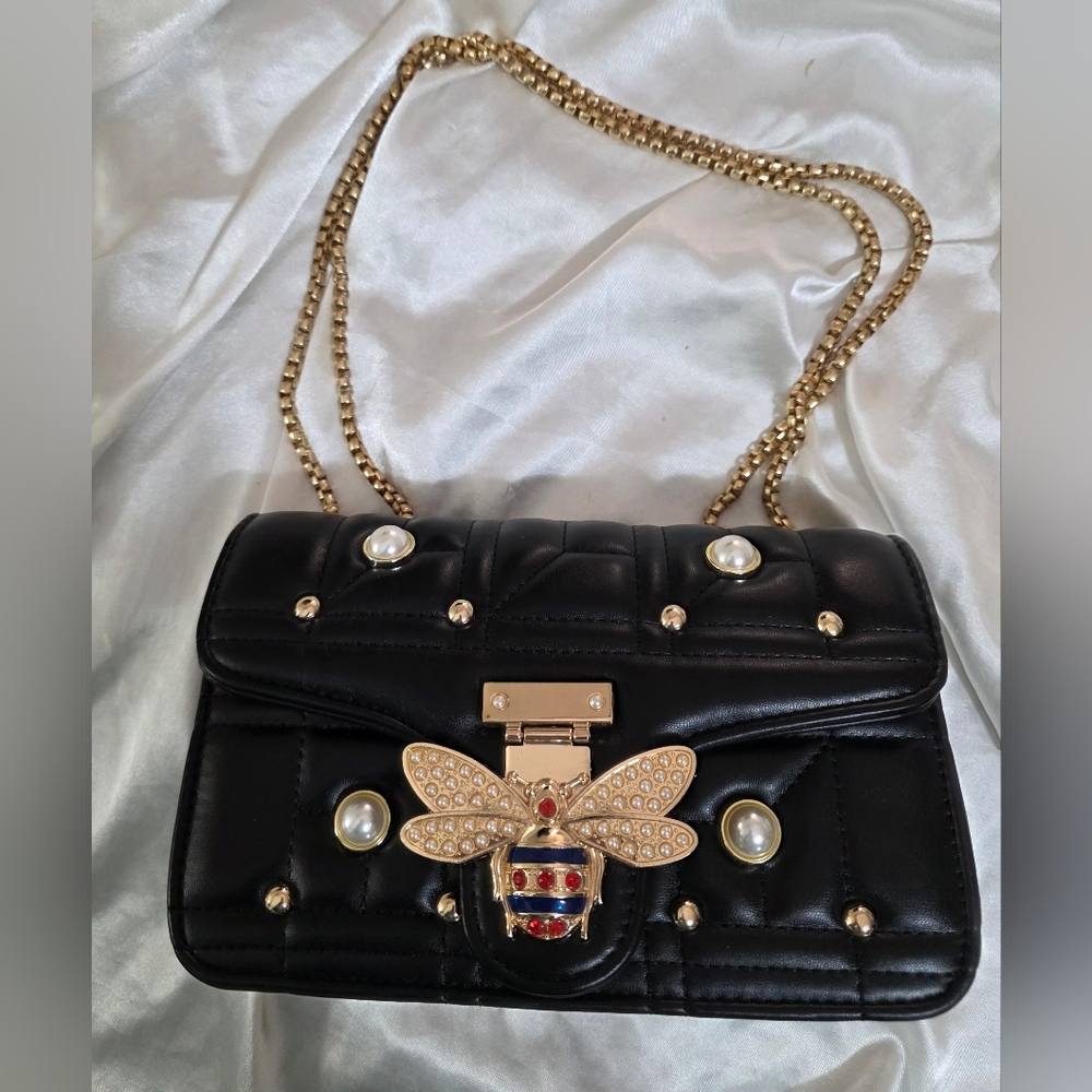 Black Quilted Faux Leather  Bag with Bee Clasp & Adjustable Gold Chain